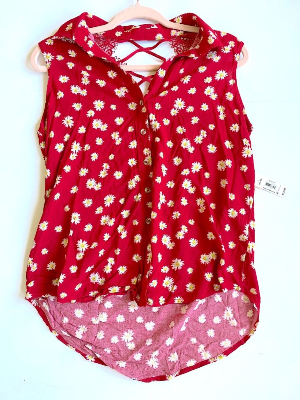 No Boundaries Juniors 11/13 Sleeveless Lace Back Button Up Shirt Red Floral